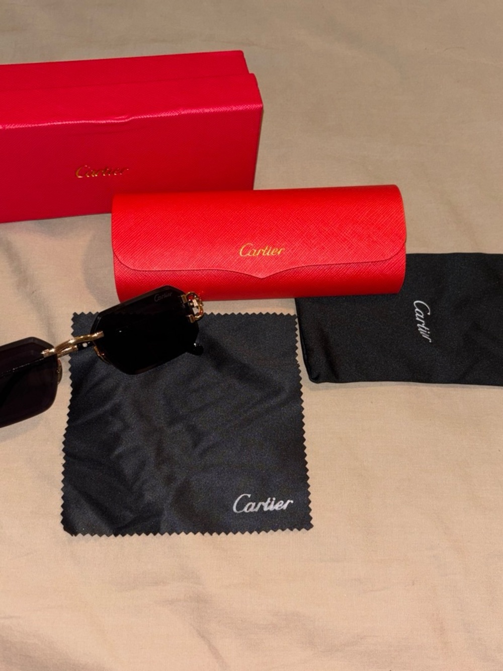 Cartier Men’s Black Lens Sunglasses with Red Case and Black Cloths